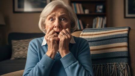 Elderly woman feeling surprised and anxious while sitting in cozy living room.の素材