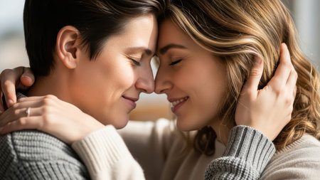 Young couple embracing with joyful expressions in intimate close-up moment.の素材