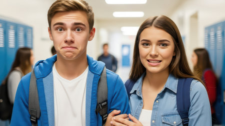 Teenage friends in school hallway sharing mixed emotions of nervousness and support.の素材