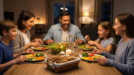 Happy family enjoying dinner together at home in cozy dining room.の素材