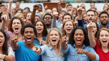 Diverse group of enthusiastic young adults celebrating at outdoor gathering.の素材
