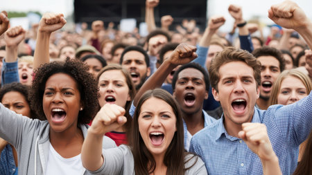 Diverse group of young adults expressing determination and unity at rally.の素材