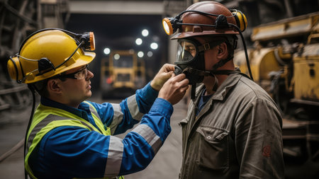 Two male workers securing safety gear in industrial setting.の素材