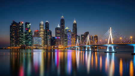 Vibrant night view of modern city skyline and illuminated bridge reflecting over calm water.の素材