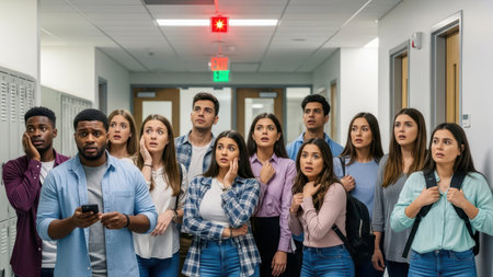 Group of young adults looking anxiously at ceiling in school hallway.の素材