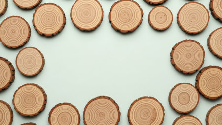 Circular wooden tree trunk slices arranged in a border pattern on light background.の素材