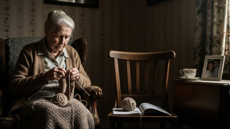 Elderly woman knitting in armchair, reflecting thoughtfully in cozy living room.の素材