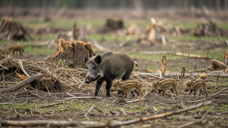 Wild boar and piglets roaming in forest clearing amidst tree stumps.の素材