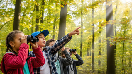 Curious children exploring nature with binoculars in lush forest setting.の素材