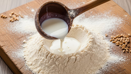Milk pouring into flour well on wooden board with wheat seeds aroundの素材