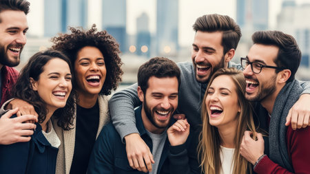 Diverse group of joyful young adults sharing laughter in urban setting.の素材