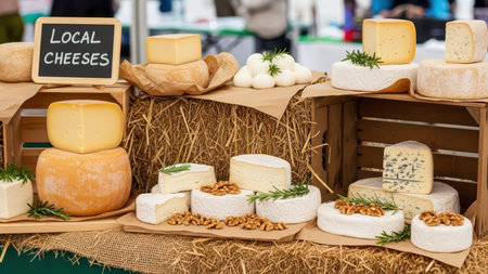 Artisan cheese display at farmers market with variety of local cheeses and nutsの素材