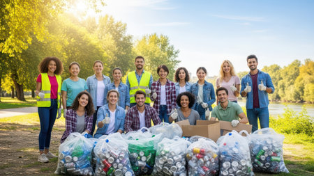 Diverse group of volunteers collecting trash in park for environmental cleanup effort.の素材