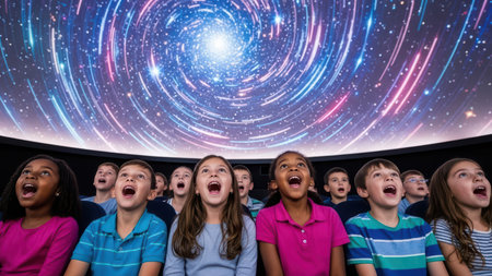 Amazed children watching planetarium show under starry spiral sky.の素材