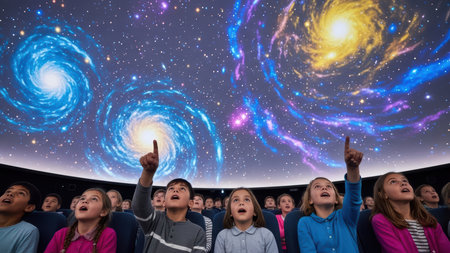 Enthusiastic children watching space show at planetarium with awe and wonder.の素材