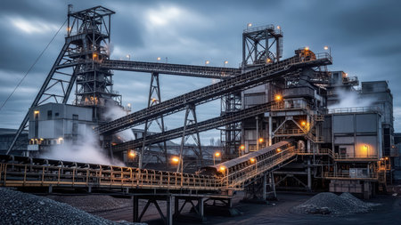 Industrial steel plant with smokestacks and conveyor belts in evening light.の素材