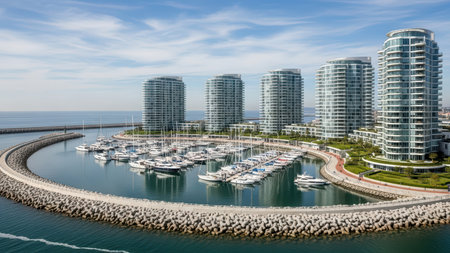 Luxury marina with modern waterfront apartments and yacht dock on a sunny day.の素材
