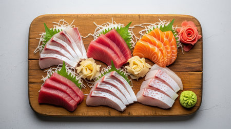 Assorted sashimi platter with tuna, salmon, and hamachiの素材