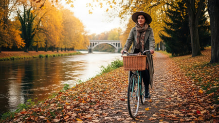 Woman cycling along autumn path near river in scenic park setting.の素材