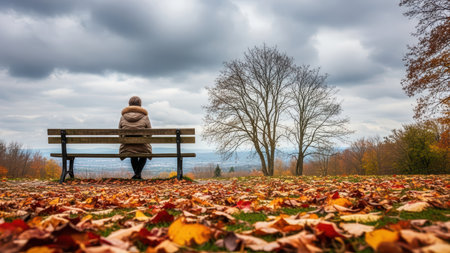 Woman reflecting alone on park bench amid autumn leaves under cloudy sky.の素材