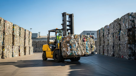 Forklift transporting compressed waste bales in recycling facility yard.の素材