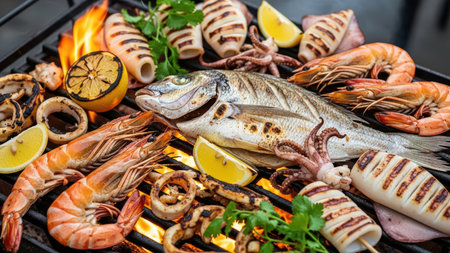 Grilled seafood feast with prawns, squid, fish, and lemon on flaming barbecueの素材