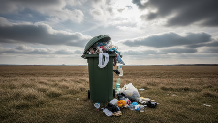Overflowing trash bin in open field under cloudy sky.の素材