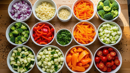 Assorted fresh vegetables in bowls on wooden table: healthy ingredients and cooking preparation.の素材