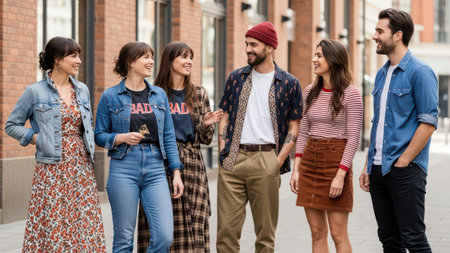 Group of young adults socializing outdoors in casual outfits.の素材