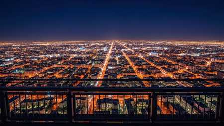 Night aerial view of illuminated city grid from rooftop.の素材