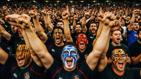 Energetic crowd of young males with face paint cheering enthusiastically at a sports event.の素材