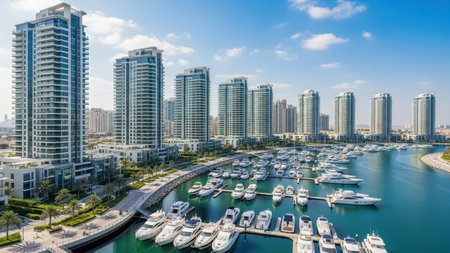 Luxury waterfront marina with yachts and modern skyscrapers.の素材