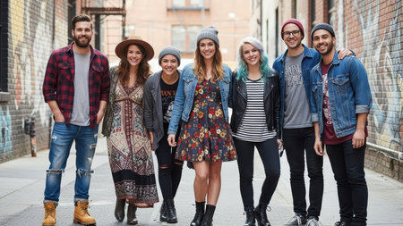 Diverse group of young adults smiling in urban alleyway.の素材