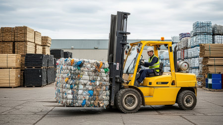 Male worker operating forklift with recyclable materials in industrial facility.の素材