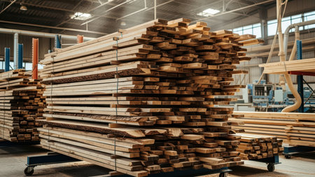 Stacked timber planks in industrial warehouse setting with metal beams.の素材
