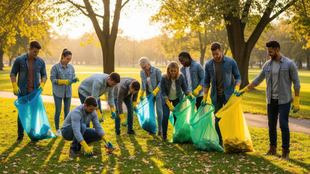 Diverse group collecting litter in park during sunny day.の素材
