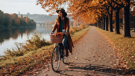 Young caucasian female biking on scenic autumn pathway by riverside.の素材