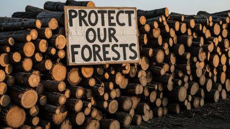 Sign urging forest preservation amidst piles of cut logsの素材