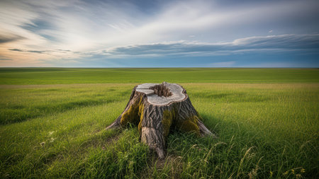 Solitary tree stump in vast green field under expansive sky.の素材