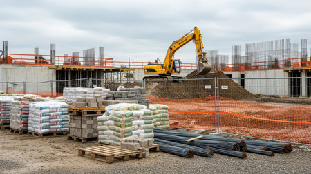Construction site with excavator and building materials under cloudy sky.の素材