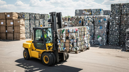 Industrial recycling facility with yellow forklift transporting baled plastic waste.の素材