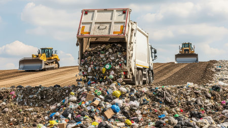 Garbage truck unloading trash at landfill with bulldozers in background.の素材