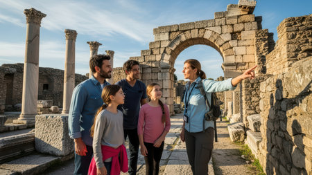 Guide touring family through ancient ruins with enthusiasm and curiosity.の素材