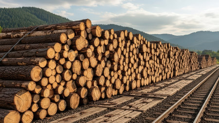 Stacks of timber logs alongside railway tracks in mountainous landscape.の素材