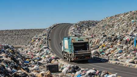 Garbage truck navigating massive landfill under clear blue sky.の素材