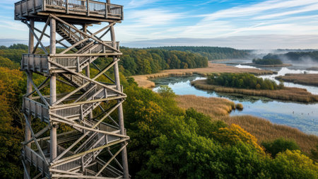 Wooden observation tower overlooking scenic wetlands and forest landscape.の素材