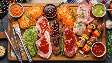 Variety of marinated meats and vegetables on wooden board ready for grillingの素材
