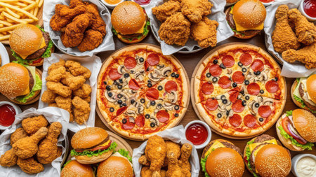 Assortment of fast food: burgers, fried chicken, pizzas, and fries on a wooden table.の素材