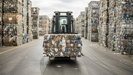 Forklift moving baled plastic waste for recycling in industrial facility.の素材