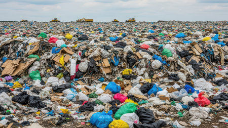 Vast landfill piled with colorful plastic and waste under cloudy sky.の素材